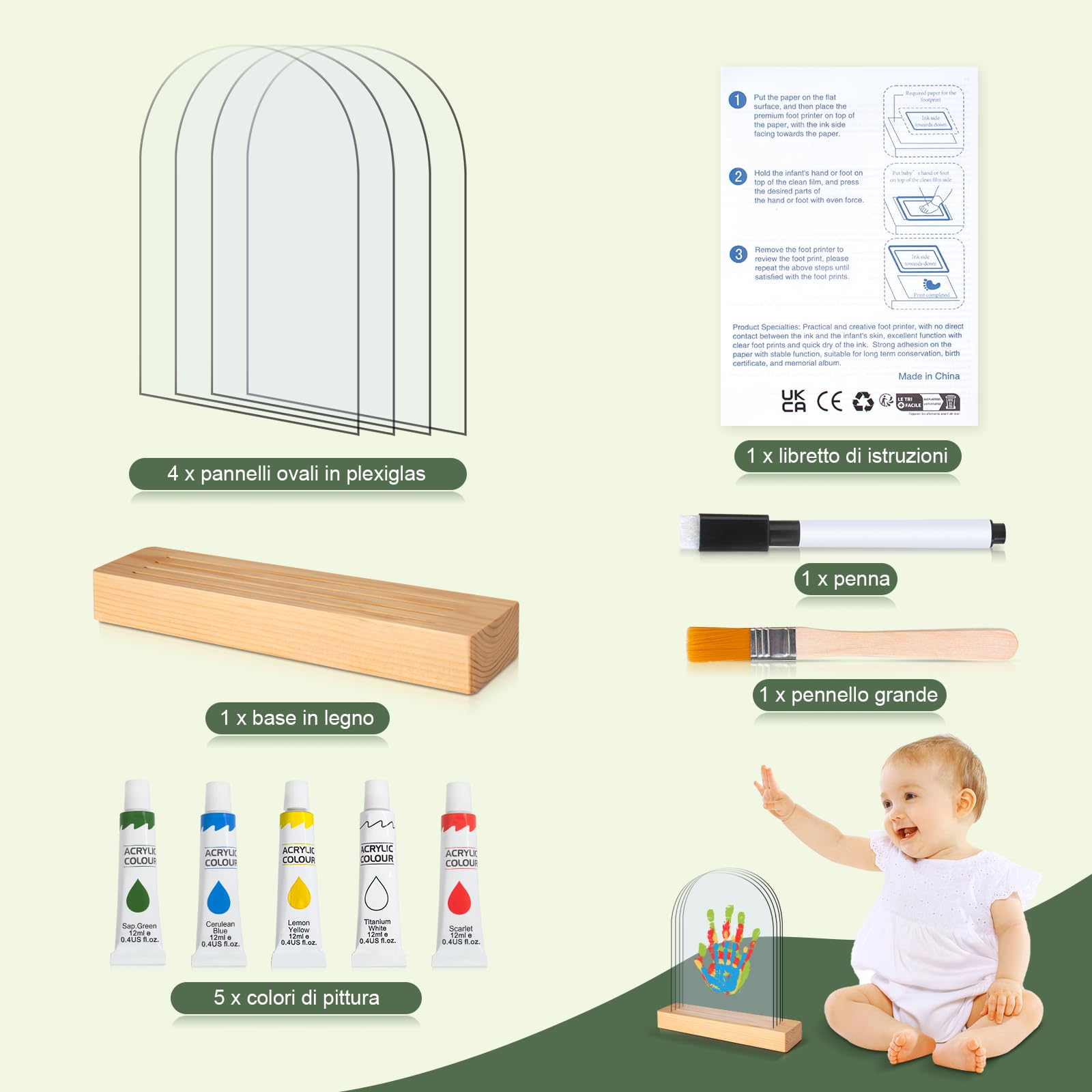 Kit Impronte Mani Famiglia 4 Pannelli In Plexiglas In 5 Colori Base In Legno, Impronta Mani e Piedi Neonati Ideale per Regalo Neonato, Regalo Battesimo, Nuovi Genitori