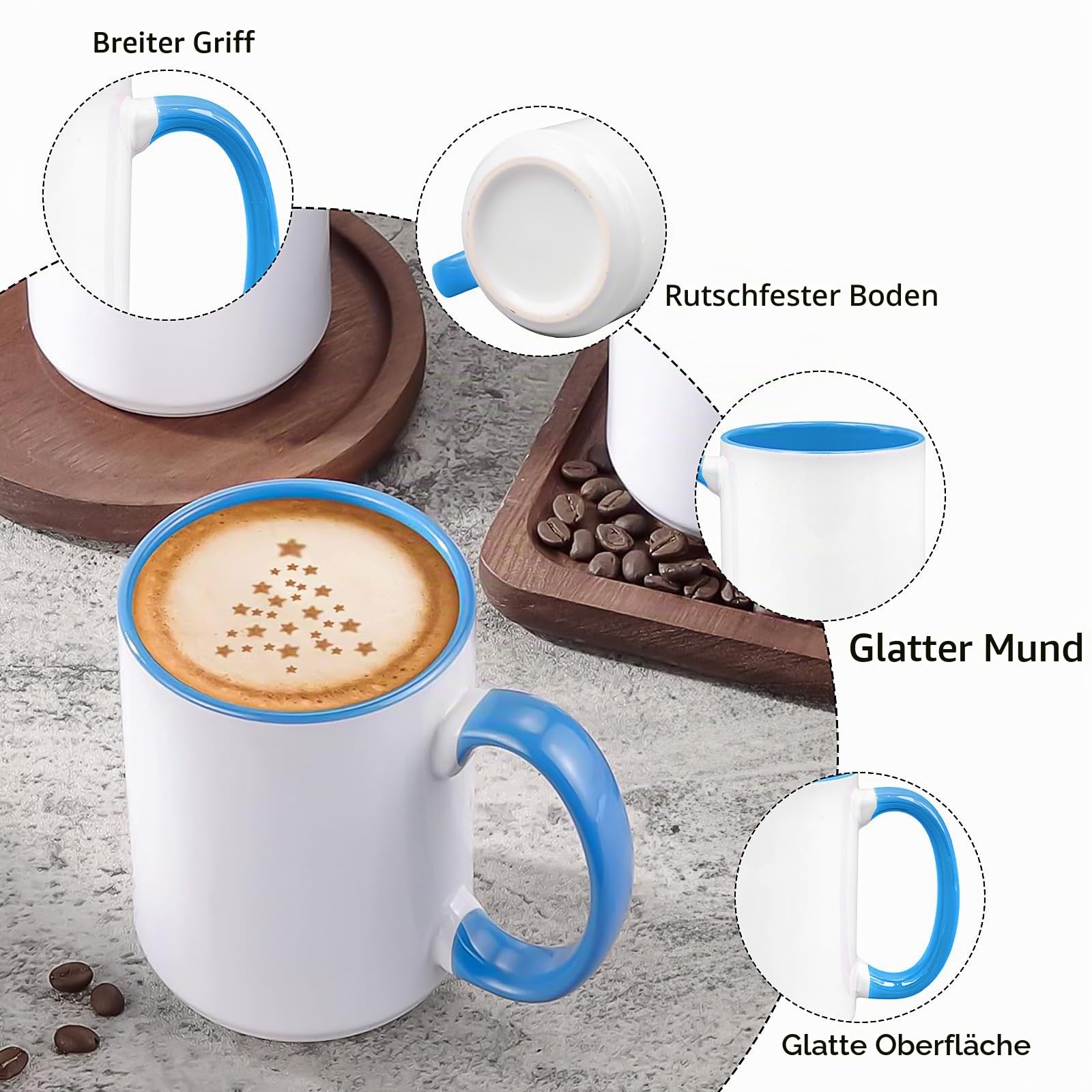 12er Set Sublimationsstassen Rohlinge mit farbigem Henkel & Innenseite, 15 oz / 450ml Große Kaffeebecher Keramik für Tassendruck,AAA Coated Fototassen Set inkl. 12 Einzelkartons für DIY Geschenke