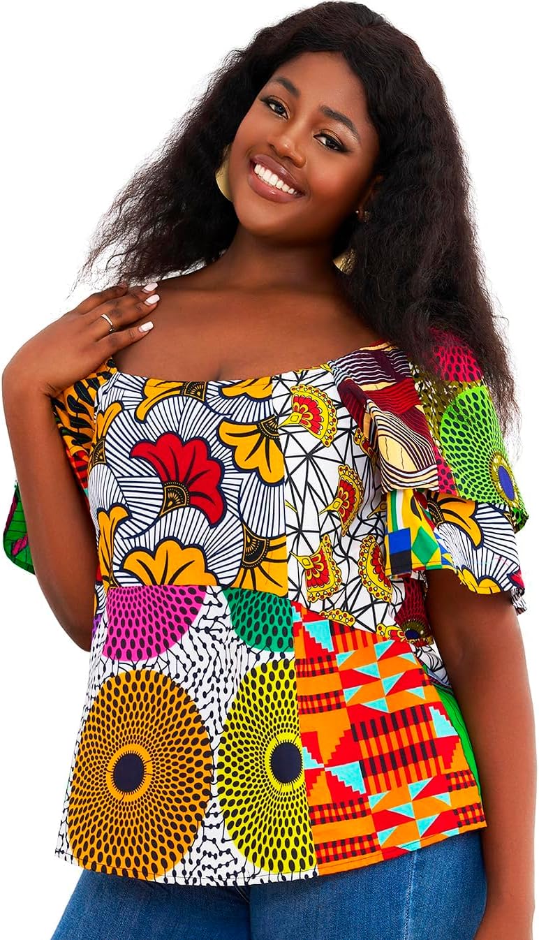 Women's African Print Patterns Tops Kente Patchwork Cloth Blouse - Image 2
