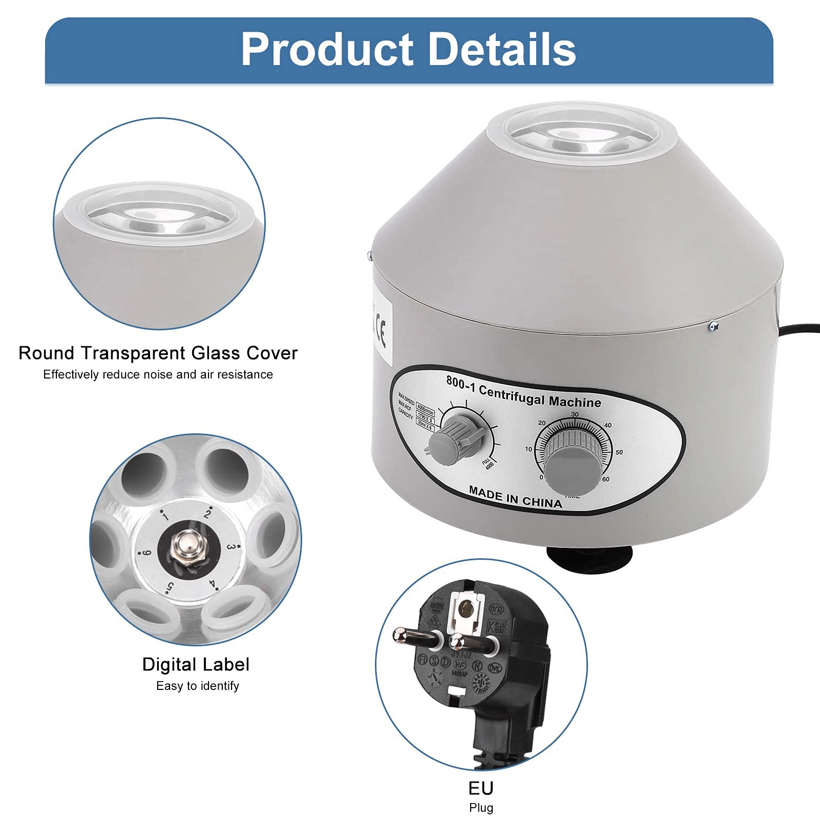 Ejoyous Kleine Elektrische Tischzentrifuge, 4000rpm Labor-Zentrifugen Laborzentrifuge Medizinische Centrifuge mit Einstellbaren Geschwindigkeiten und Zeitmesser 6 EU 220V 22 * 24.5 * 11cm
