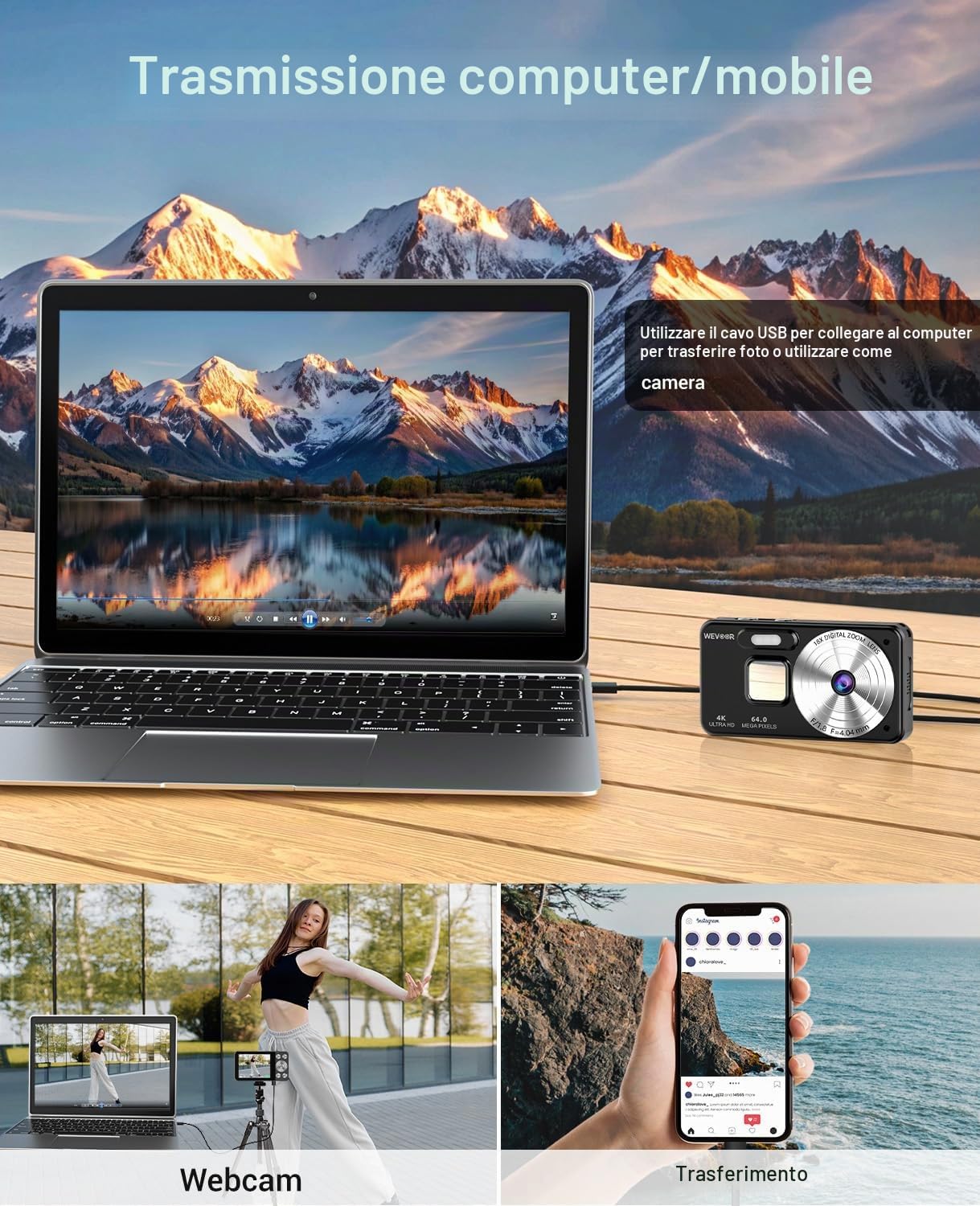 Macchina Fotografica Digitale 4K 64MP, Wevoor 32GB Fotocamera Digitale | Fotocamera Compatta, 2,8” Schermo, Zoom Digitale 18x, Batteria da 2000mAh per Principianti Bambini Adolescenti - Nero