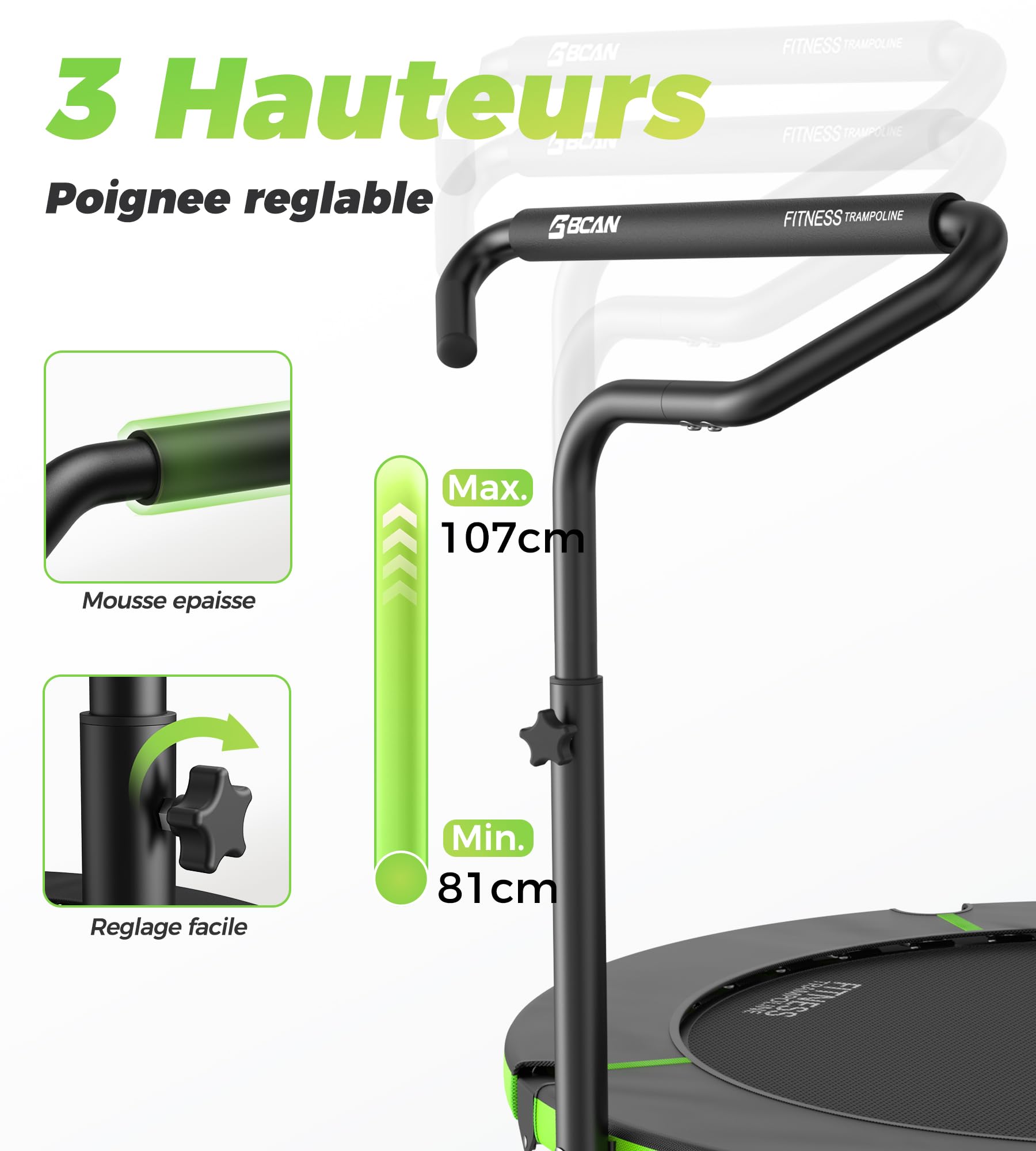 Trampoline d'intérieur BCAN, Mini-Trampoline de Fitness Pliable de 102 cm, pour Adultes, avec poignée réglable, Charge maximale de 150 kg, idéal pour l'entraînement à Domicile et Les.