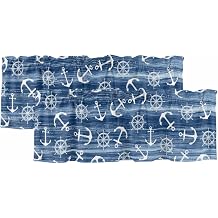 Summer Navy Blue Ocean Valances for Window 2 Pack, Vintage Nautical Sea Watercolor Anchor Rudder Rod Pocket Curtains Valances Light Filtering Short Curtains for Kitchen Bedroom Bathroom 60 x 18 Inch