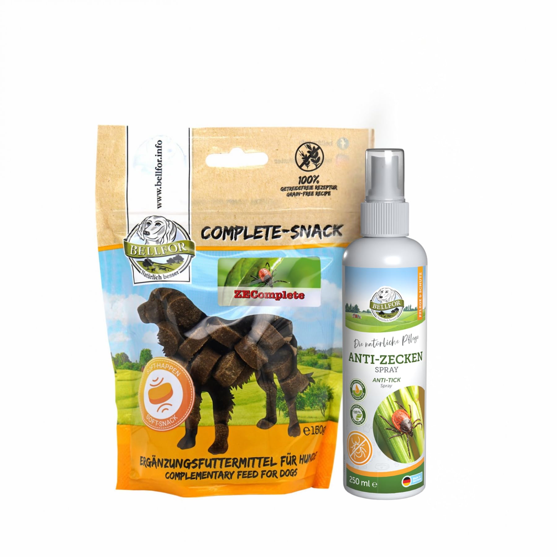 Bellfor ZEComplete Set – Anti-Zecken Spray (250 ml) mit Mariendistelöl, Kokosöl & Insektenfett und Complete-Snack (150 g) mit Laurinsäure – Frei von Chemikalien