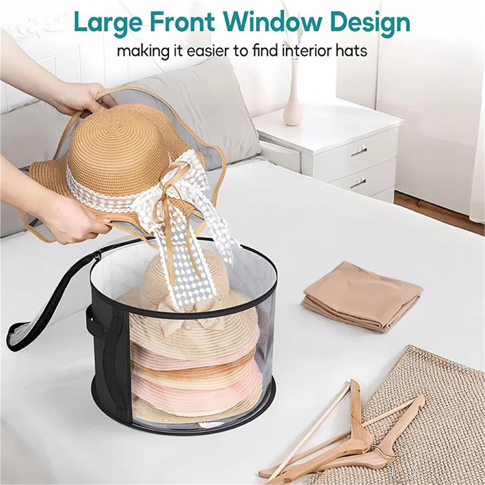 Cubo de almacenamiento no tejido, caja viaje con asa y cremallera portátil, bolsa for sombreros ropa Para Sombrero(Black)