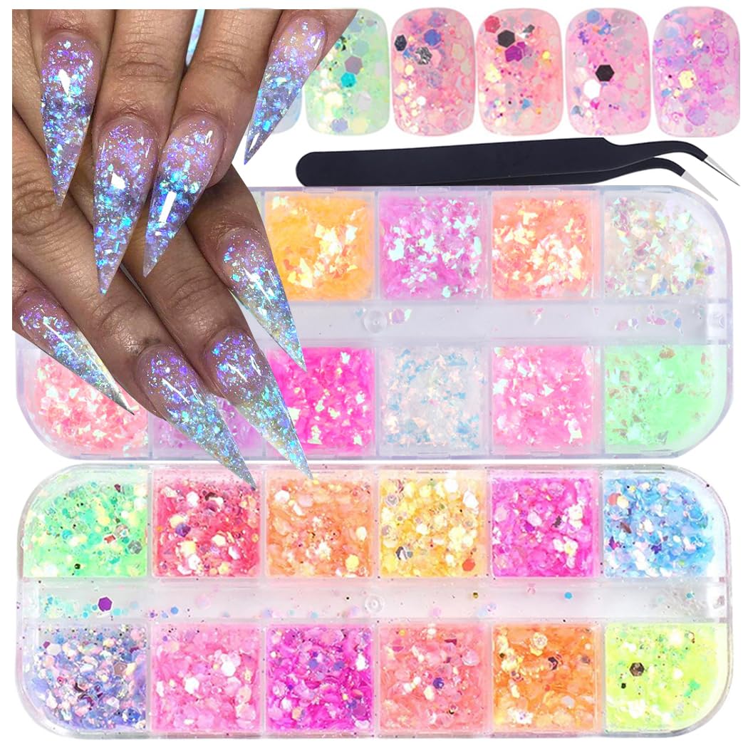 Holographic Nail Art Glitter Iridescent Flakes Nail Foil 12 Grids and Mermaid Flake Glitter Sequins 12 Grids,Colorful Fluorescent Glass Acrylic Nails Supplies Sticker for Make Up