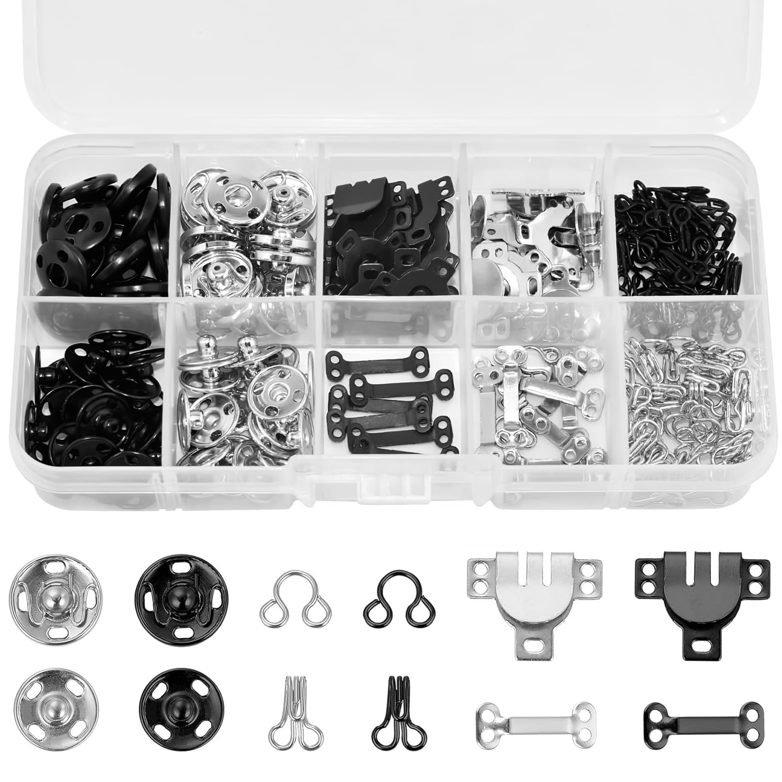 CoolShef 100 Pairs Hook and Eye Sewing Kit with Garment Buttons, 3 Styles Metal Snaps Button Fasteners Press Studs Set for Bra, Skirt, Trousers, Dress, Sewing, DIY Crafting-picture-26