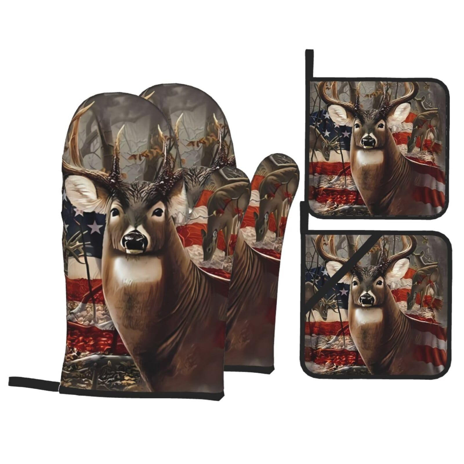 HJFCZH Deer Hunting Season Prints Kitchen Throw Set: Durable Oven Layers with Waterproof Polyester – 4 Piece Heat Protection System