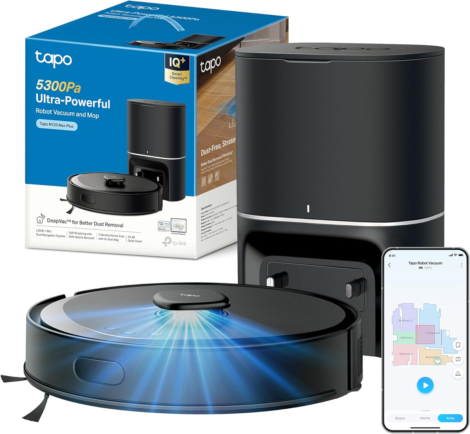 Tapo RV30 Max Plus Robot Aspirapolvere Lavapavimenti con Mappatura 5300Pa, Svuotamento Automatico Polvere 3L, Doppia Navigazione LiDAR +IMU, Zone No-Go e Muri Virtuali, Controllo APP&Alexa&Google