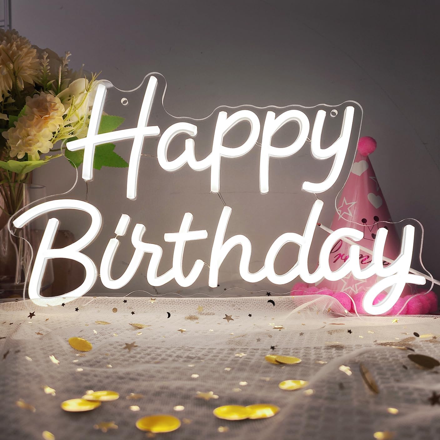 Happy Birthday Neon Sign with Dimmable, Birthday LED Neon Light for Wall Decor, LED Up Light with USB Powered for All Birthday Party Decoration, Backdrop Wall (Warm White)