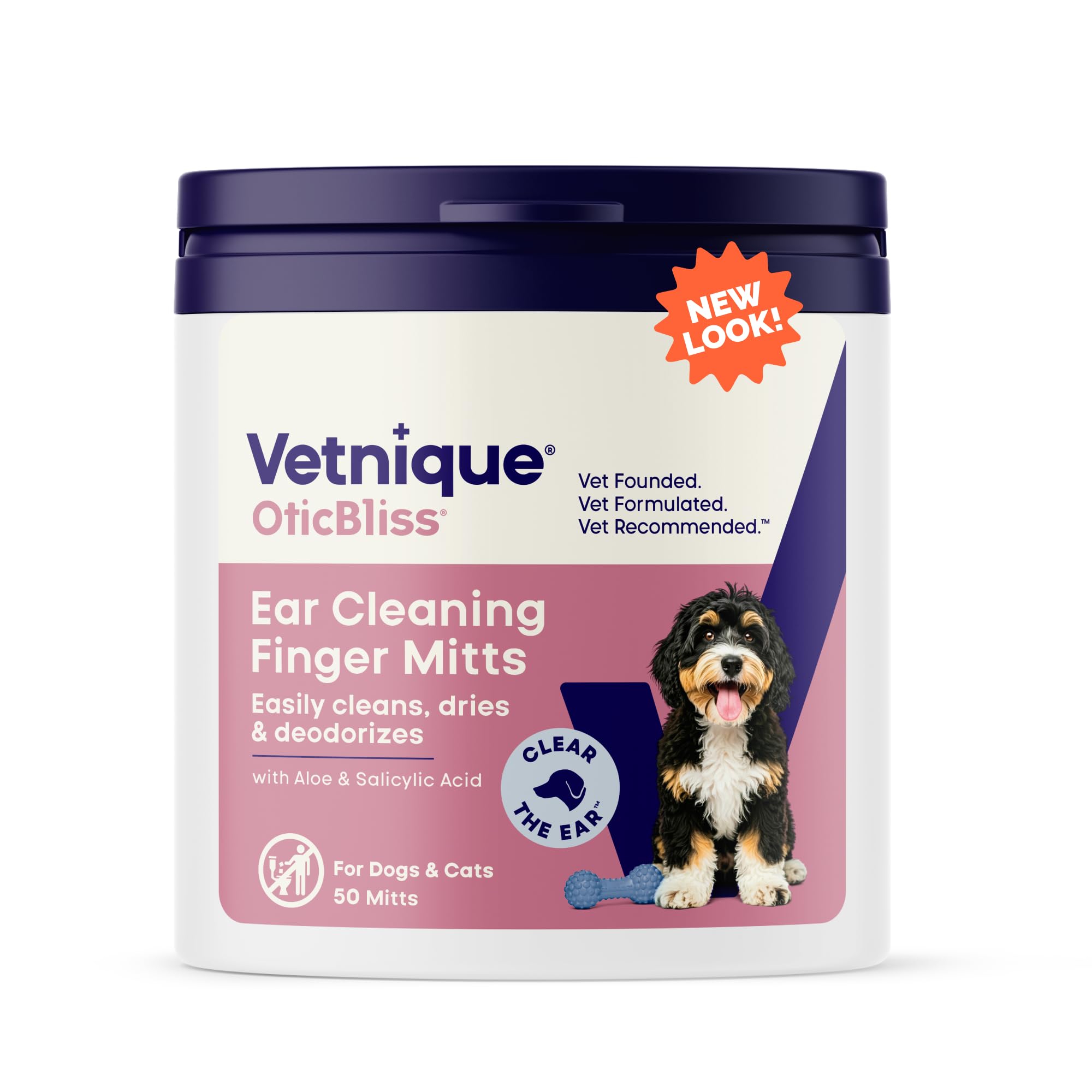 Vetnique Oticbliss Cat & Dog Ear Wipes - Dog Ear Infection Treatment or Dog Ear Cleaner Wipes for Dirty, Waxy, Smelly Dog Ears, Odor Control with Aloe Vera & Salicylic Acid (Finger Mitt Ear Wipes)