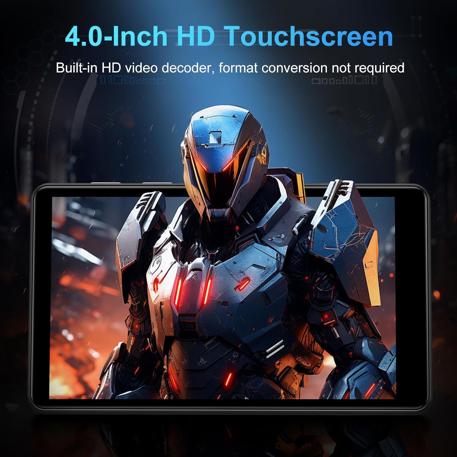 SWOFY M503Pro MP3 Player showing music playback with headphones