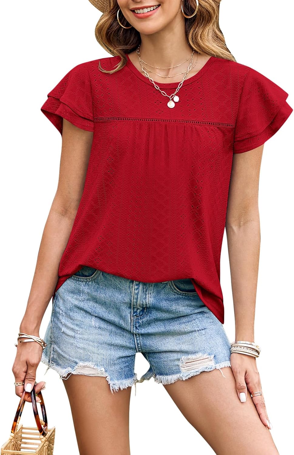 Zwurew Womens Summer Tops Crewneck Eyelet Ruffle Sleeve Blouses Casual Babydoll Shirts 2026 S-2XL - Image 4