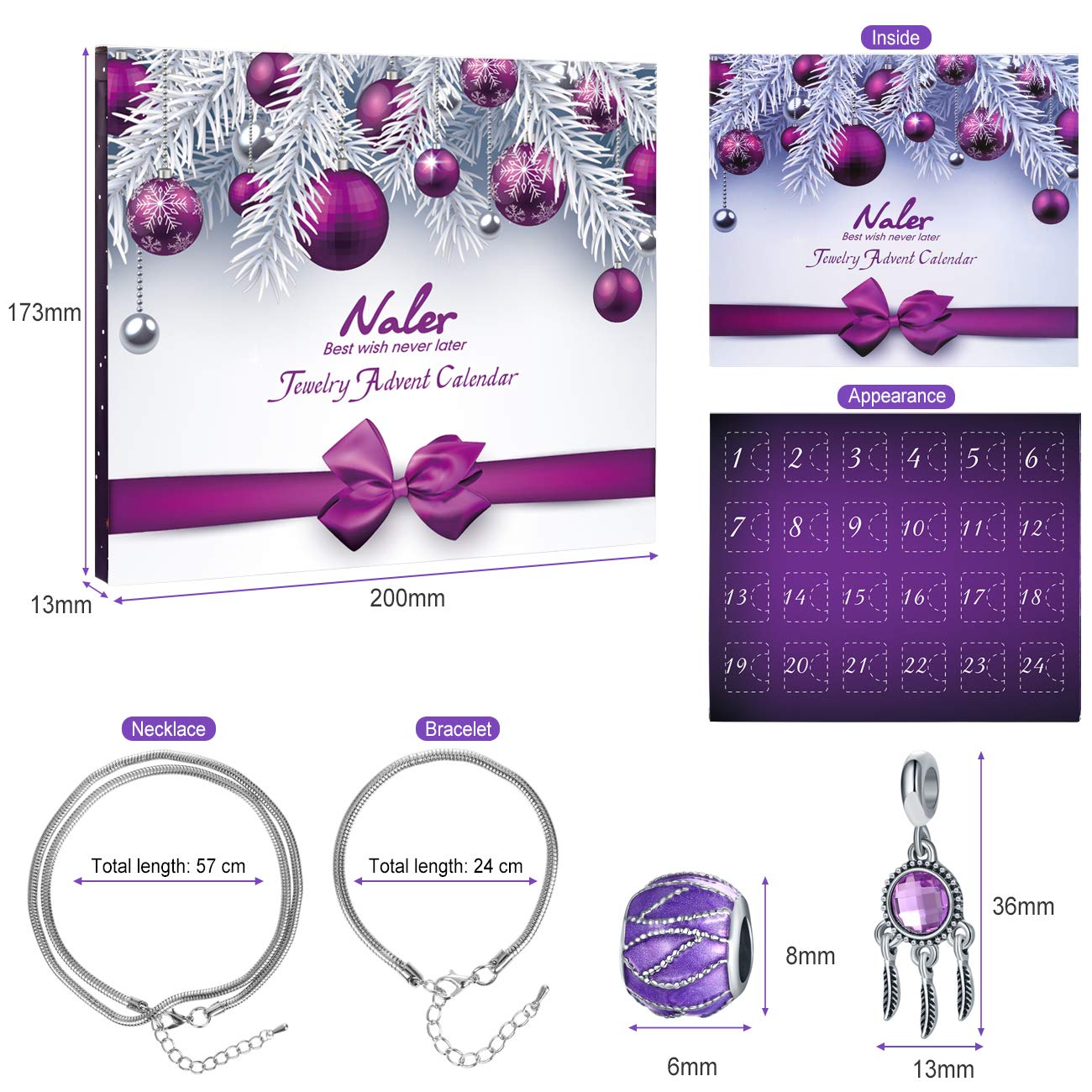 Naler Jewelry Advent Calendar 2024, Christmas DIY Bracelet Necklace Jewelry Making Kit for Christams Advent Calendar Gifts for Women, 22 Charms with 1 Bracelet and 1 Necklace
