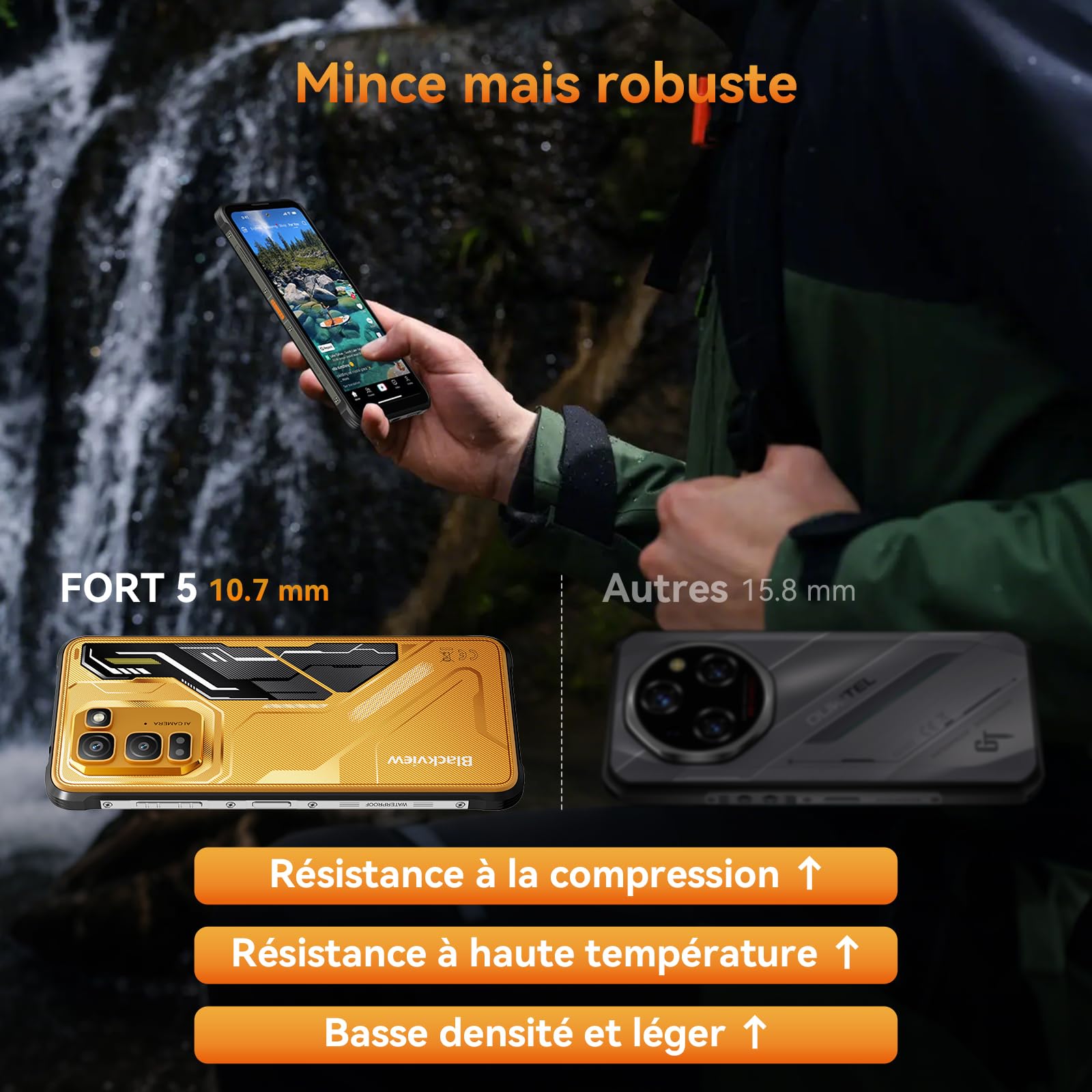 Blackview Fort 5 Android 16 Téléphone Portable Incassable 248g/10.7mm Ultra-Fin, 108MP+50MP+13MP Vision Nocturne, 36Go+256Go/2To, 6.78'' 120Hz Smartphone Incassable 4G, Mode Gants/IP69K/NFC/700 Nits
