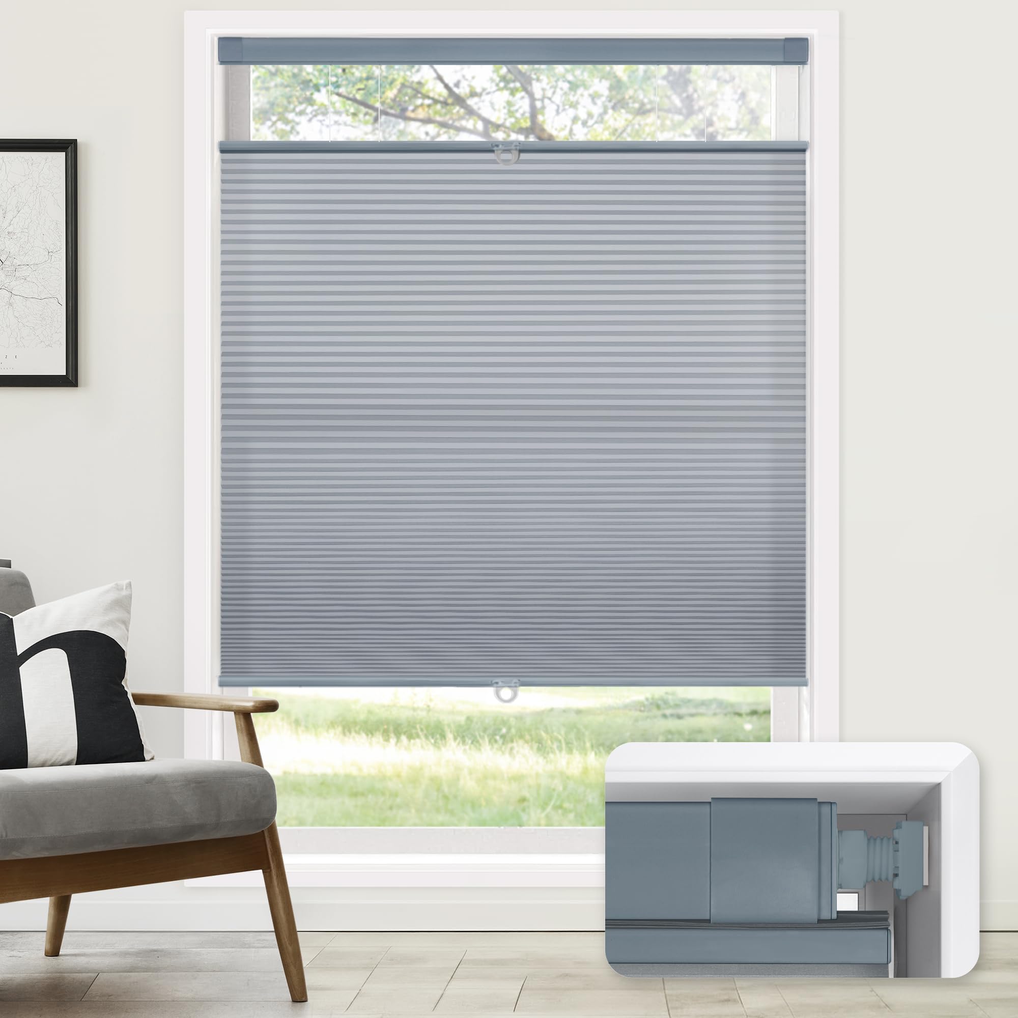 LazBlinds No Drill Cordless Cellular Shades, 43" W x 64" H, Dark Grey