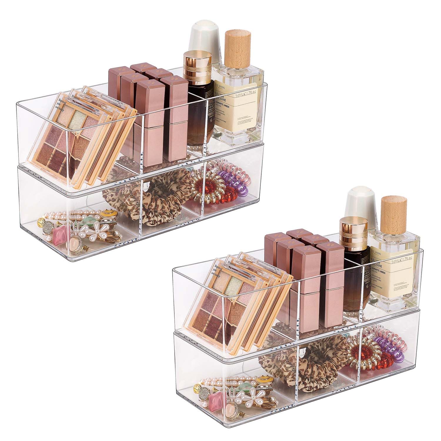 JessLab Acrylic Organizer, 4-Pack Clear Makeup Storage for Vanity, Countertop, Bathroom, Stackable Design for Cosmetics, Jewelry, and Office Supplies, 3 Compartment