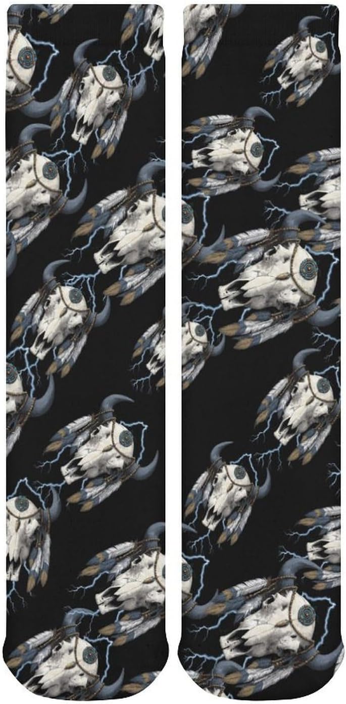 Vintage 90s Thunder Native Indian Bison Skull Knee High Socks Casual Long Stockings Over Calf Sock Tube for Women Men