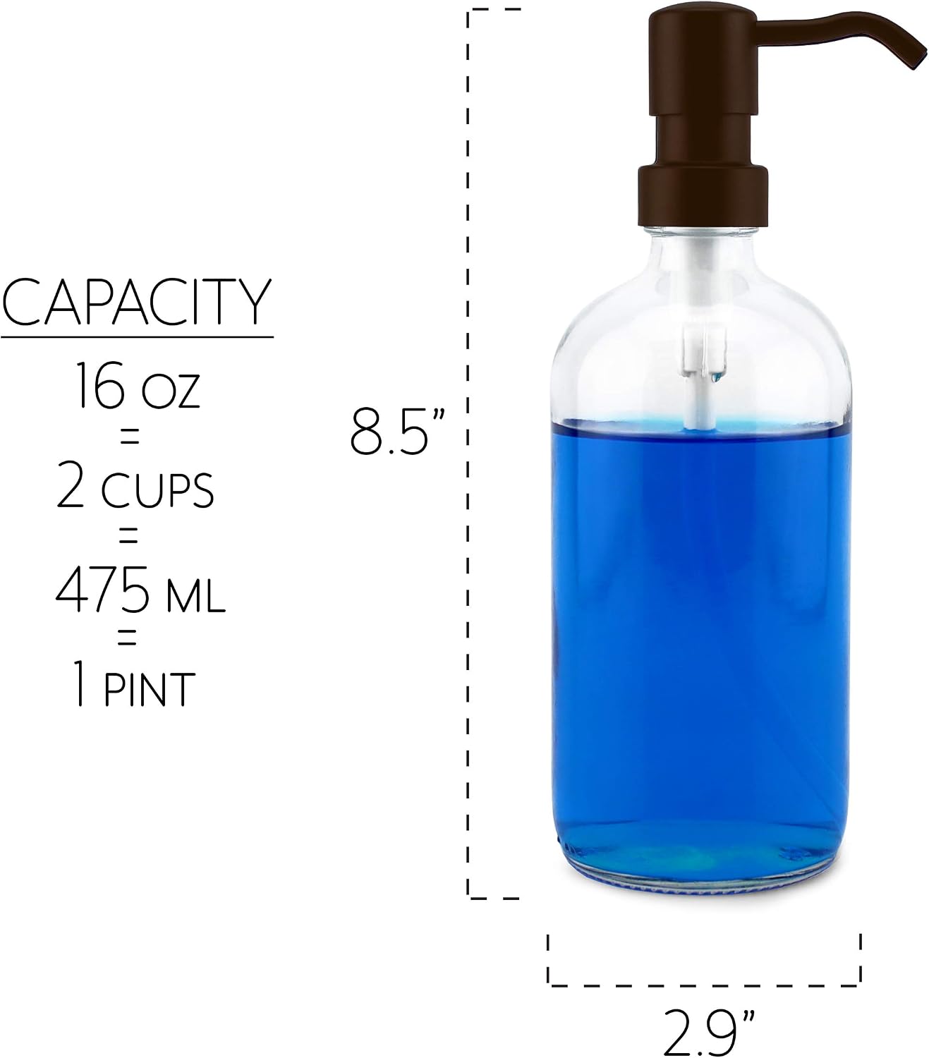 Cornucopia 16oz Glass Soap Dispensers with Bronze Pumps (2-Pack); Clear Glass Pump Bottles with Oil Rubbed Bronze Metal Tops for Liquid Soap, Dish Soap, Lotions and More