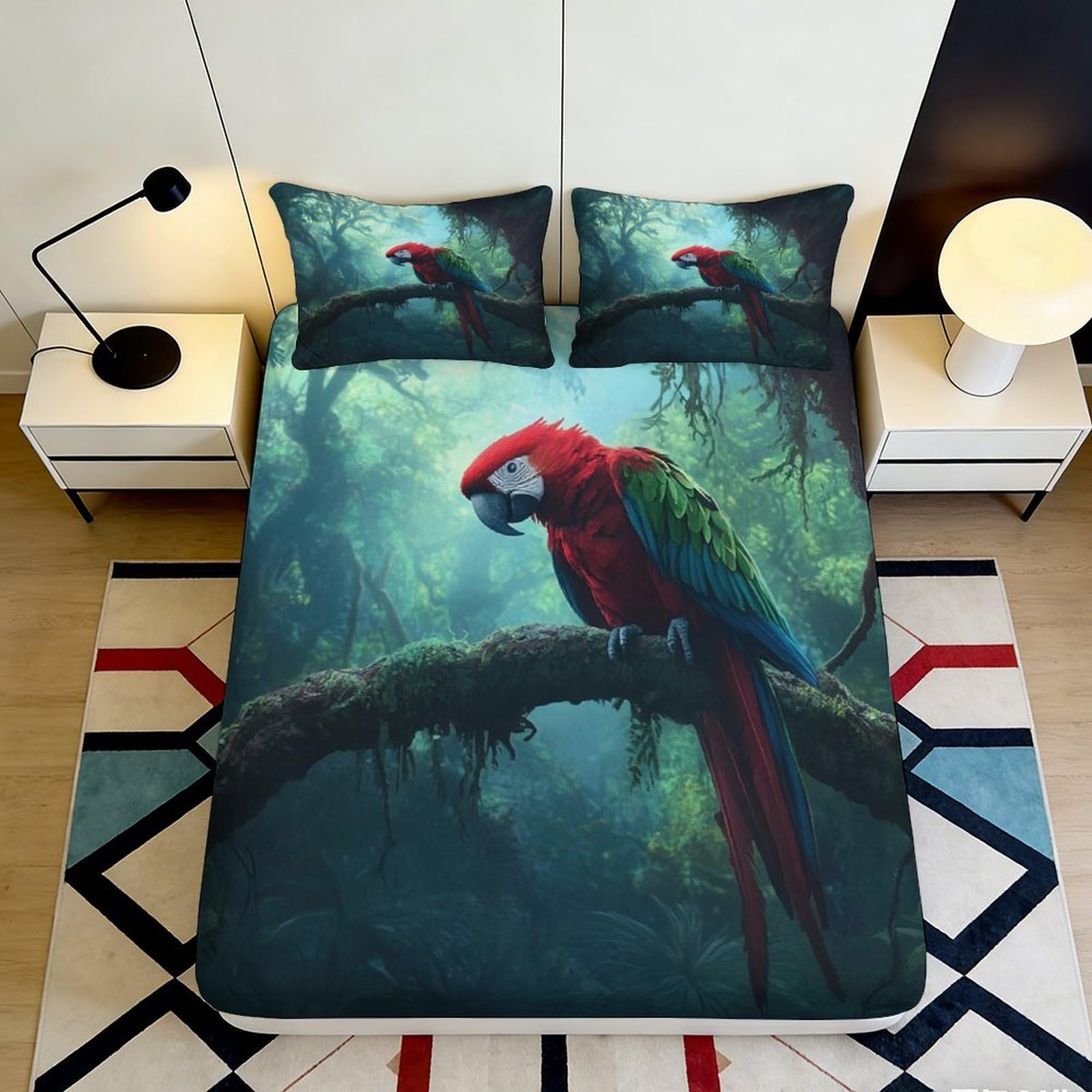 3D Printed Rainforest Parrot Fitted Sheet Microfiber Soft Breathable Tropical Bird Mattress Cover for Bedroom Decor 90x200x25cm