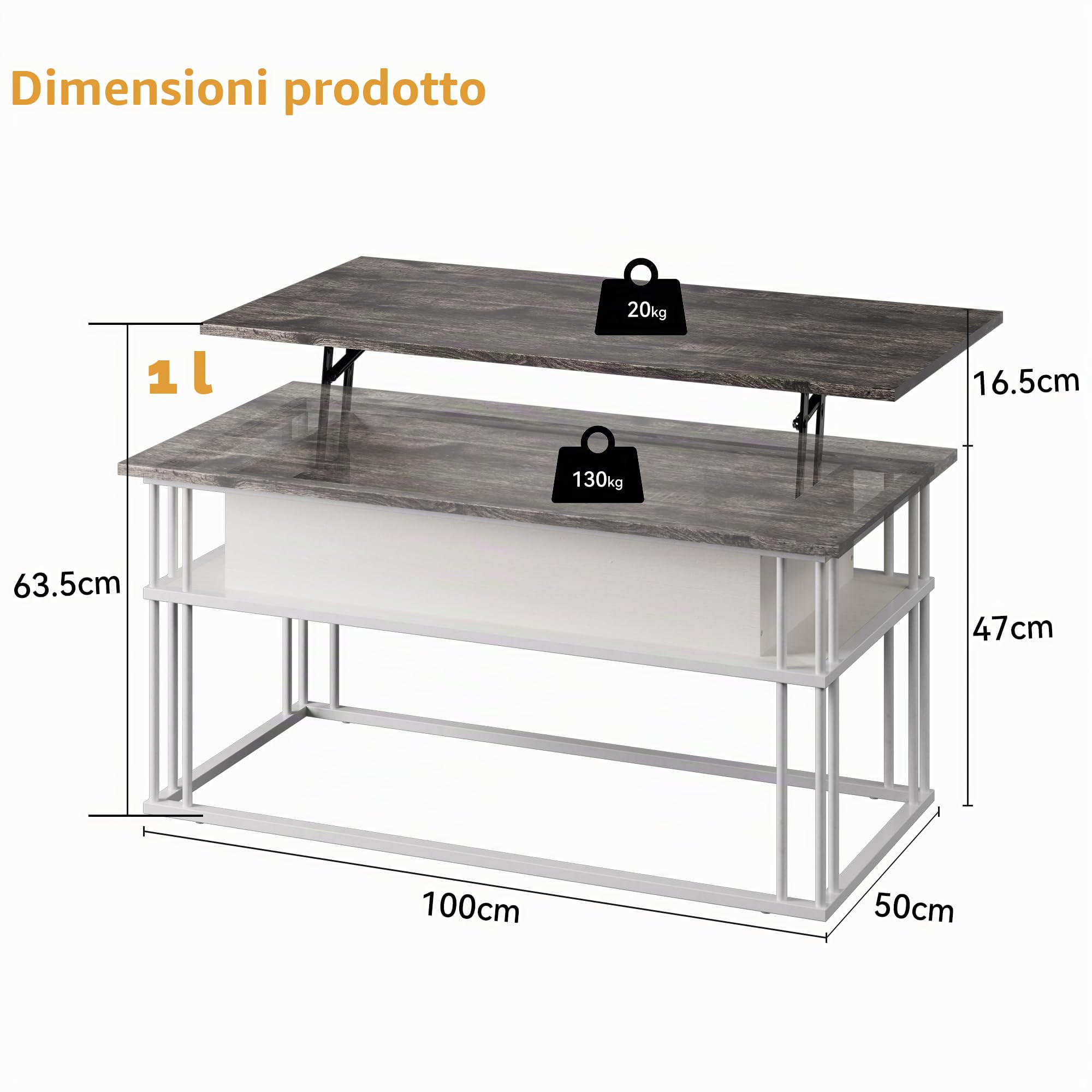 Tavolino da Salotto con Piano Sollevabile – Tavolino da Caffè Moderni, Struttura Metallica Stabile & Contenitore Nascosto, Tavolino Centrale per Soggiorno, Piccoli Spazi, Home Office