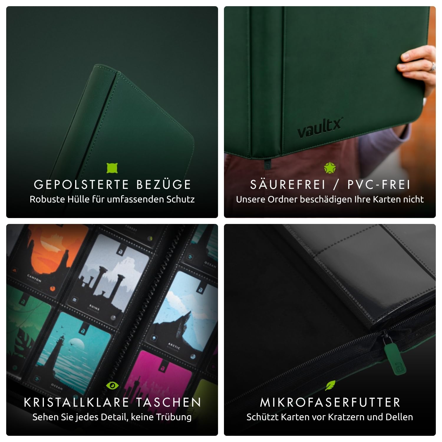 Vault X 9-Taschen-Trading-Kartenordner mit Reißverschluss, 360 Karten, Premium Exo-Tec-Albummaterial, 20 seitlich ladbare Seiten, Sammelordner für Sammelkartenspiele, Sportkarten, TCG (Grün)