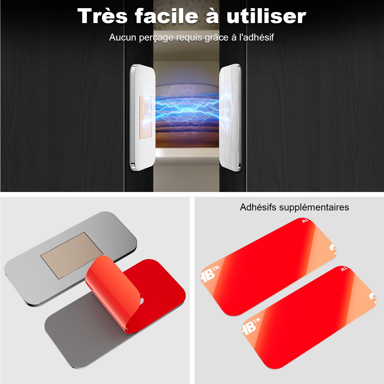 PHIXBEAR Aimant Porte Placard Ultra Mince Sans Perçage - Lot de 4 Loqueteau Magnétique Adhésif Puissant en Acier Inoxydable pour Cuisine, Armoire, Tiroir, Camping-Car - 40x20mm