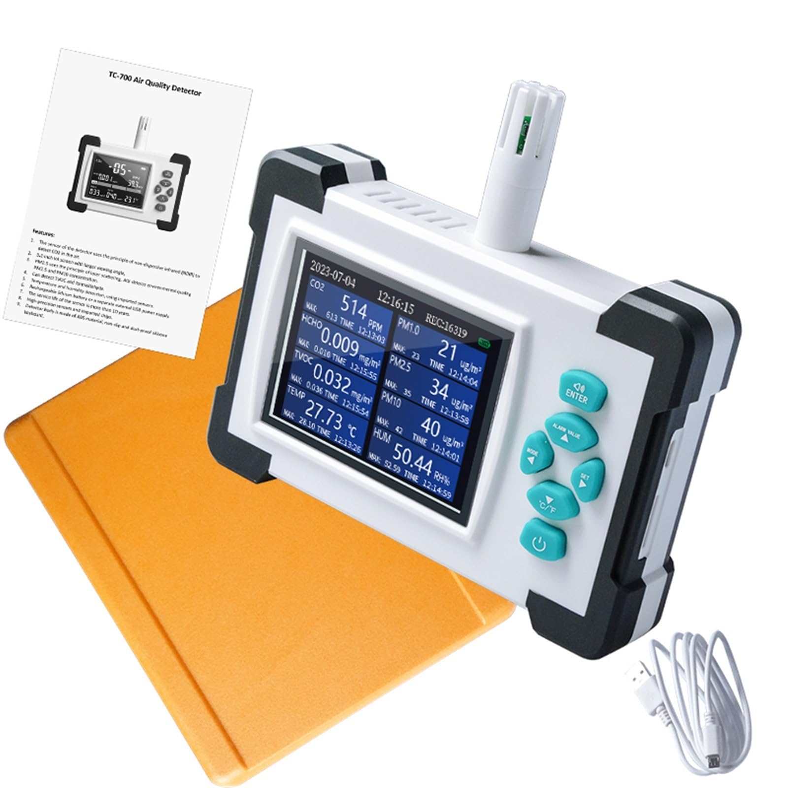 Rilevatore di qualità dell'Aria Multiplo 7 in 1 TVOC HCHO PM CO2 Temperatura umidità Kit rilevatore di qualità dell'Aria(TC-700 White)