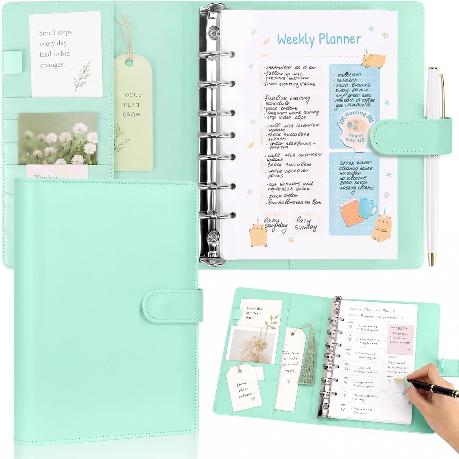 A5 PU Leather 7 Ring Planner Binder Light Green Refillable Notebook Binder 1 Inch Round Ring A5 Budget Journal Binder Organizer fits 5.5"×8.5" Loose Leaf Paper Planner Inserts for Office School