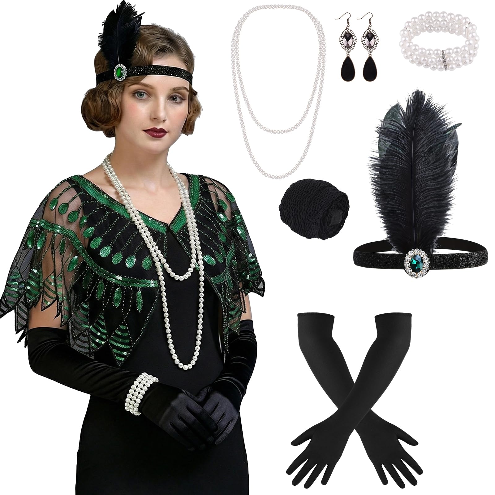 ELECLAND 10 Pieces 1920s Flapper Gatsby Accessories Set Fashion Roaring 20's Theme Set with Headband Headpiece for Women, Black Green, Style 4, a — image 1