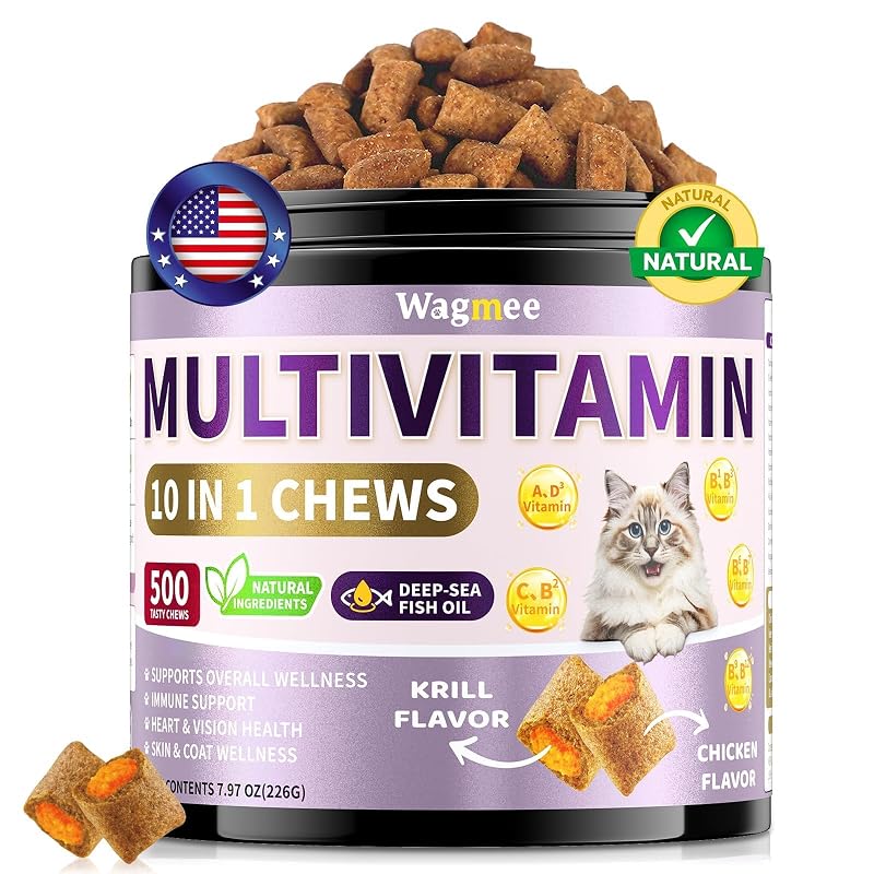Multivitamínico para Gatos Wagmee com Taurina, Óleo de Peixe e Sabor de Krill, 500 Unidades