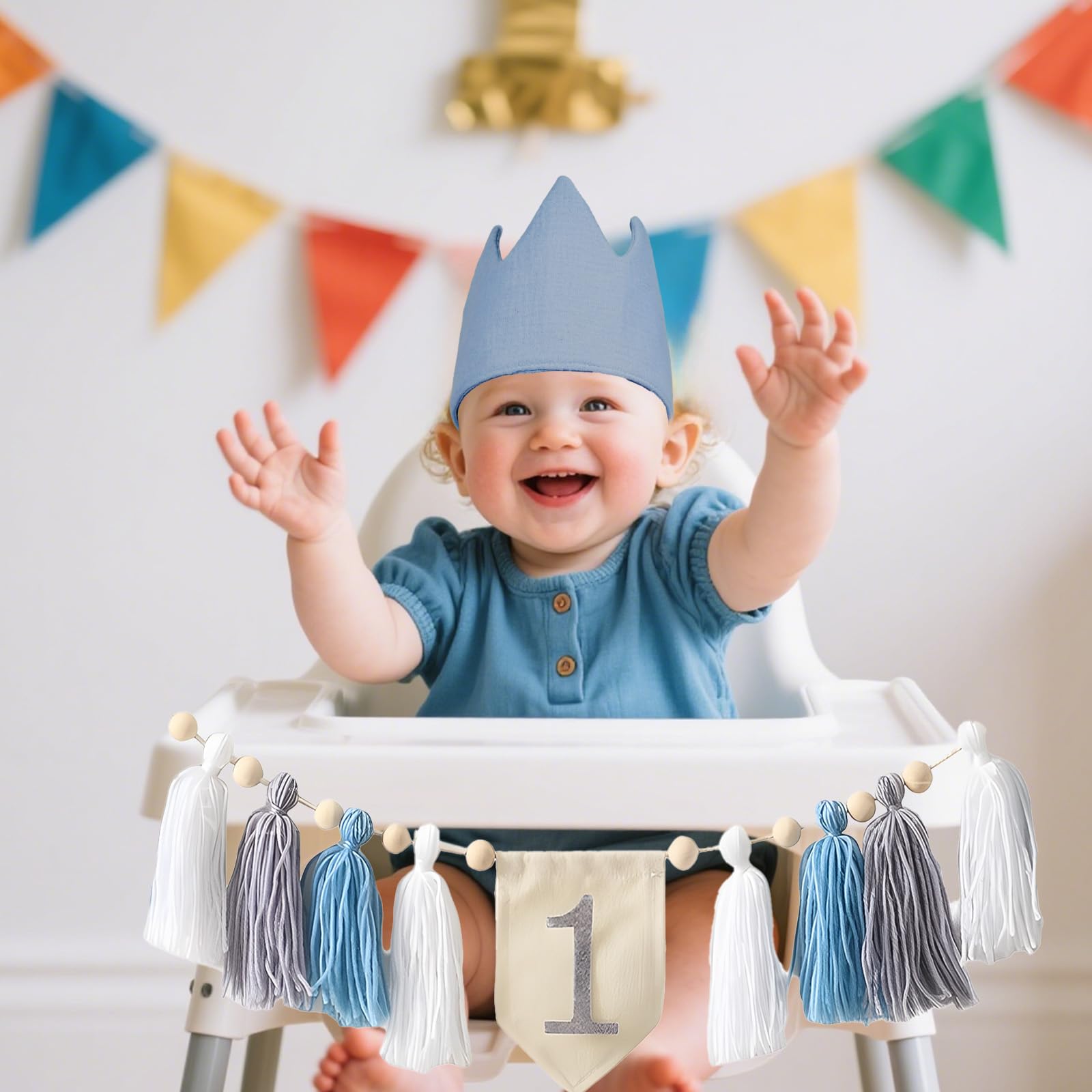 Simplepolymer 1st Birthday High Chair Decorations First Birthday High Chair Banner for Photo Booth Props (Blue)