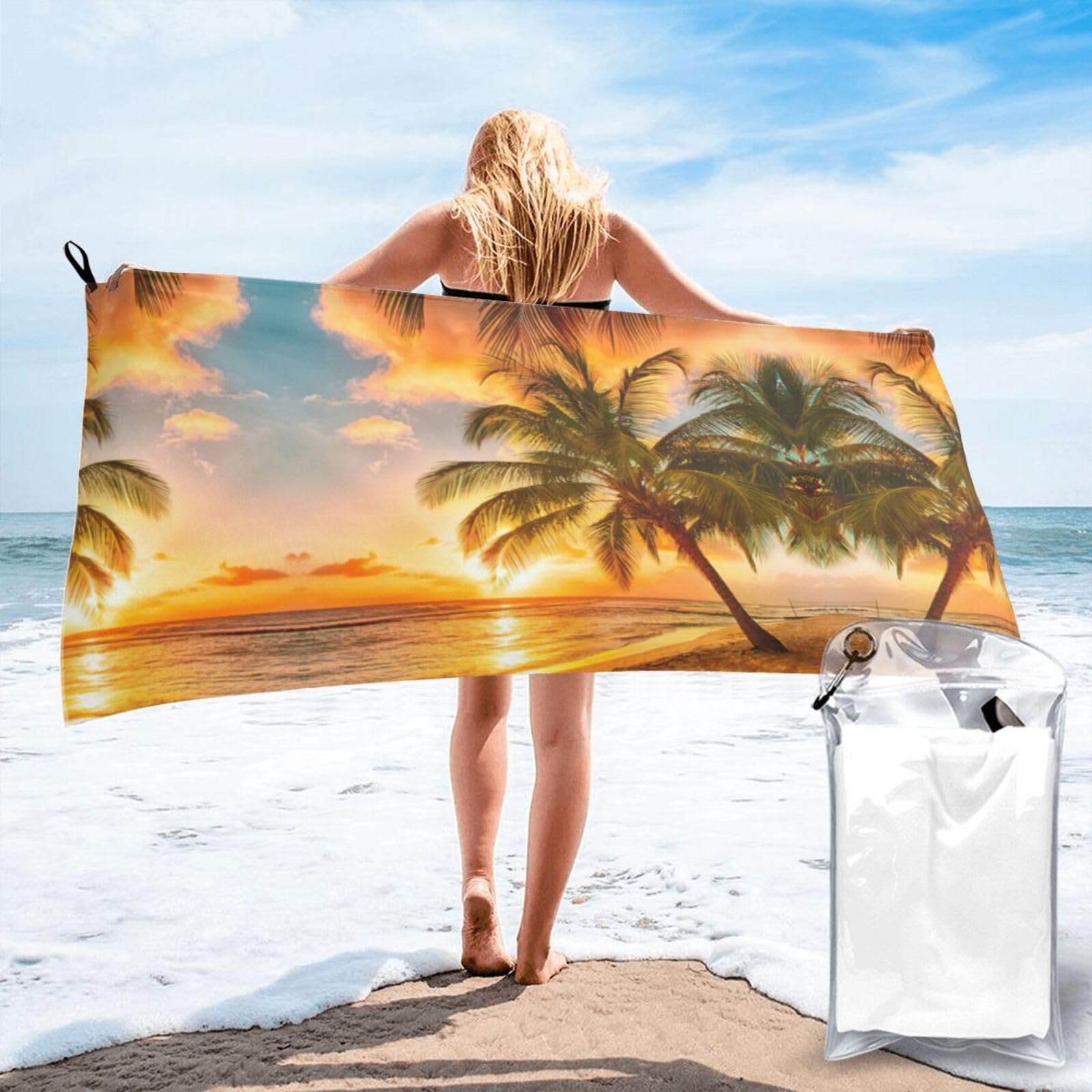 ENGhjes Tropical Beach Palm Tree Sunset Print Camping Towel Fast Drying Bath Beach Shower Wrap For Gym Camping Vacation Adults Portable Gift