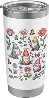 Garden Gnomes with Flowers and Butterflies on Black Stainless Steel Insulated Tumbler