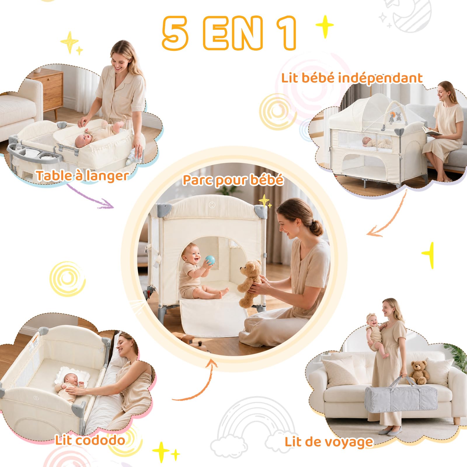 LEADZM Lit Bébé Cododo 5 en 1, Berceau Bébé Pliable avec Table à Langer, Panier de Rangement, Moustiquaire, Jouets Suspendus et Sac de Transport pour Nouveau-né et Jeune Enfant (Blanc Cassé)