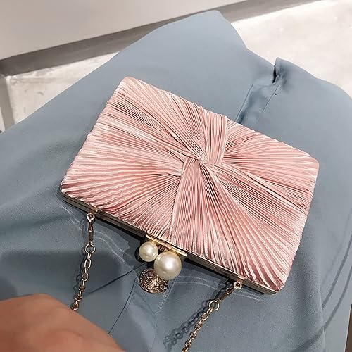 Vista 3 de RAN Bolso de satén con cierre de perlas sintéticas, bolso de banquete para mujer con cadena cruzada (color rosa)