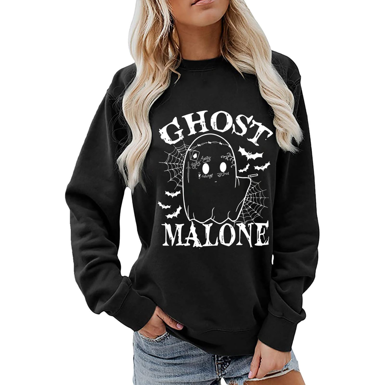 MCILLO Ghost Malone Sweatshirt for Women Halloween Spooky Pullover Graphic Blouse Long Sleeve Tee Tops