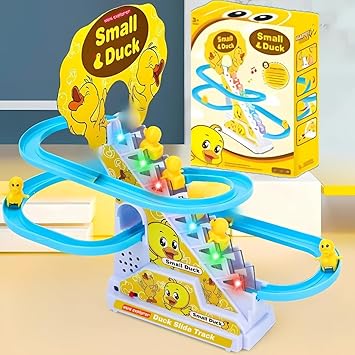 Slide Toy Race Duck Track Set, Funny Automatic Stair-Climbing Ducklings Cartoon Roller Coaster Escalator Toy with Flashing Lights & Music