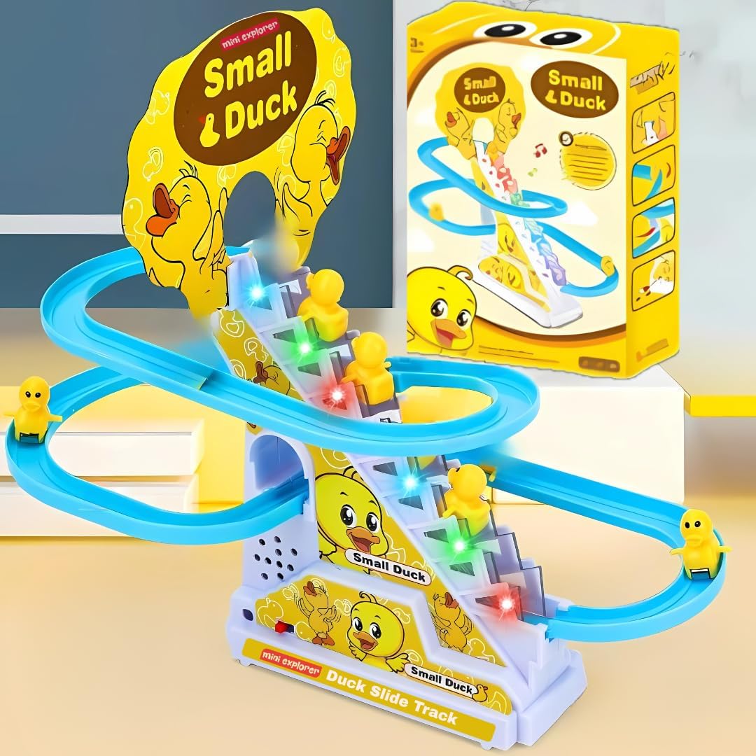 Slide Toy Race Duck Track Set, Funny Automatic Stair-Climbing Ducklings Cartoon Roller Coaster Escalator Toy with Flashing Lights & Music-image-23