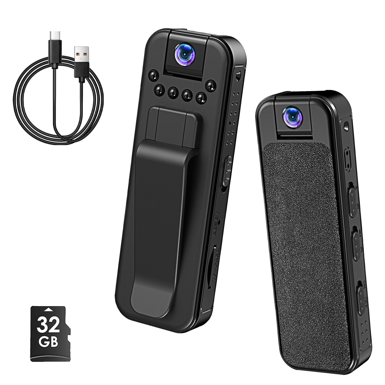 Bodycam - Cámara corporal de 1080P con tarjeta TF de 32 GB y objetivo giratorio de 180°, grabación de audio y vídeo, cámara de bolsillo portátil con visión nocturna para viajes y actividades al aire