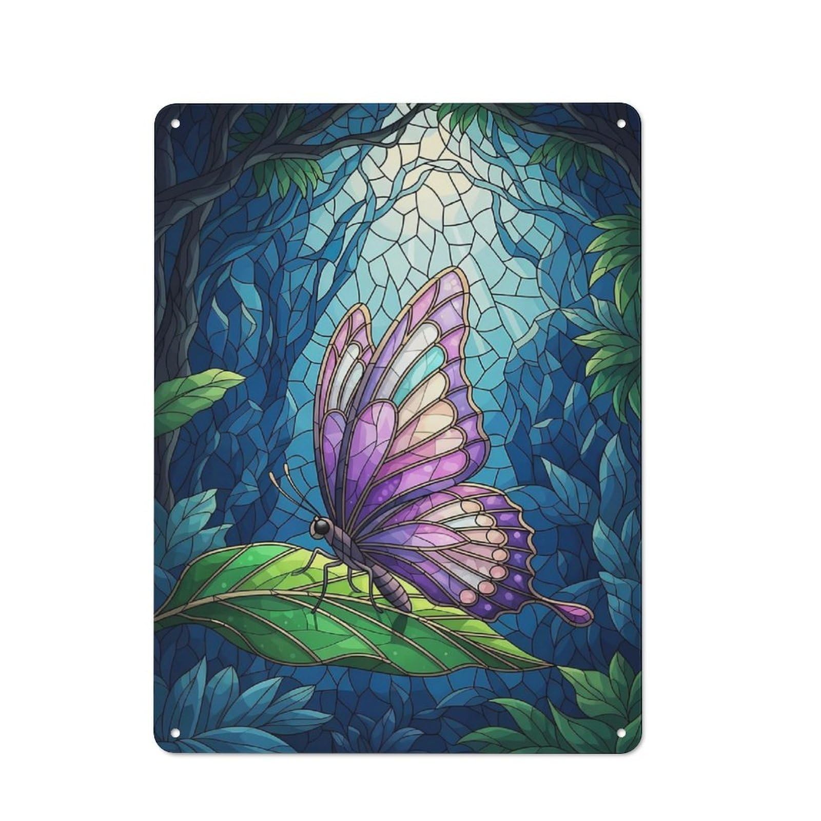 Junmoney Style-22 Garage Style Butterfly On Leaf Stained Glass Style Retro Metal Sign 40X30cm, Workshop Wall Decor For Workshop, Basement, Shed Or Games Room