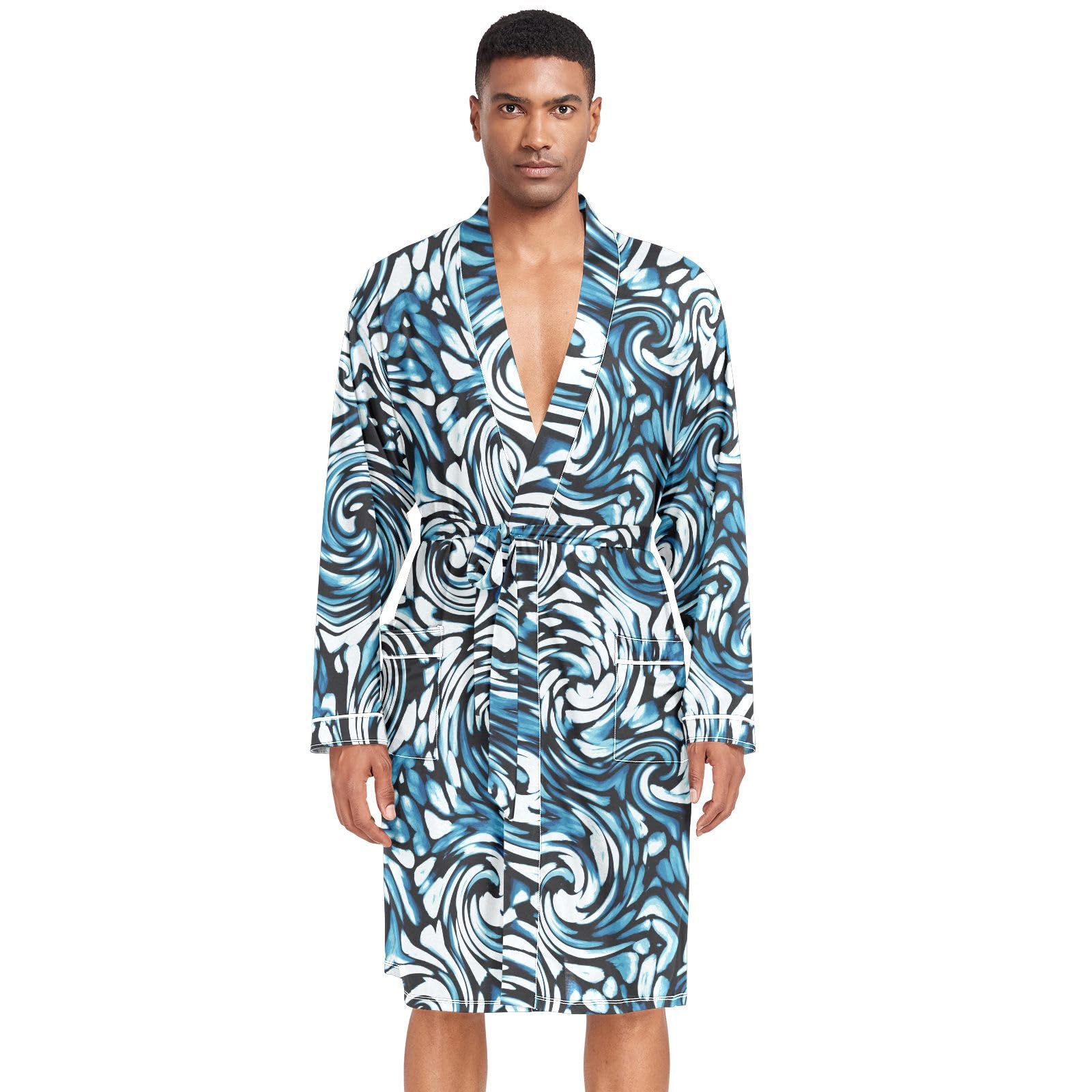 CEBUGIBbold Swirled Lines Men's Robe Lightweight Soft Bathrobe Thin Sleepwear Loungewear with Pockets,M