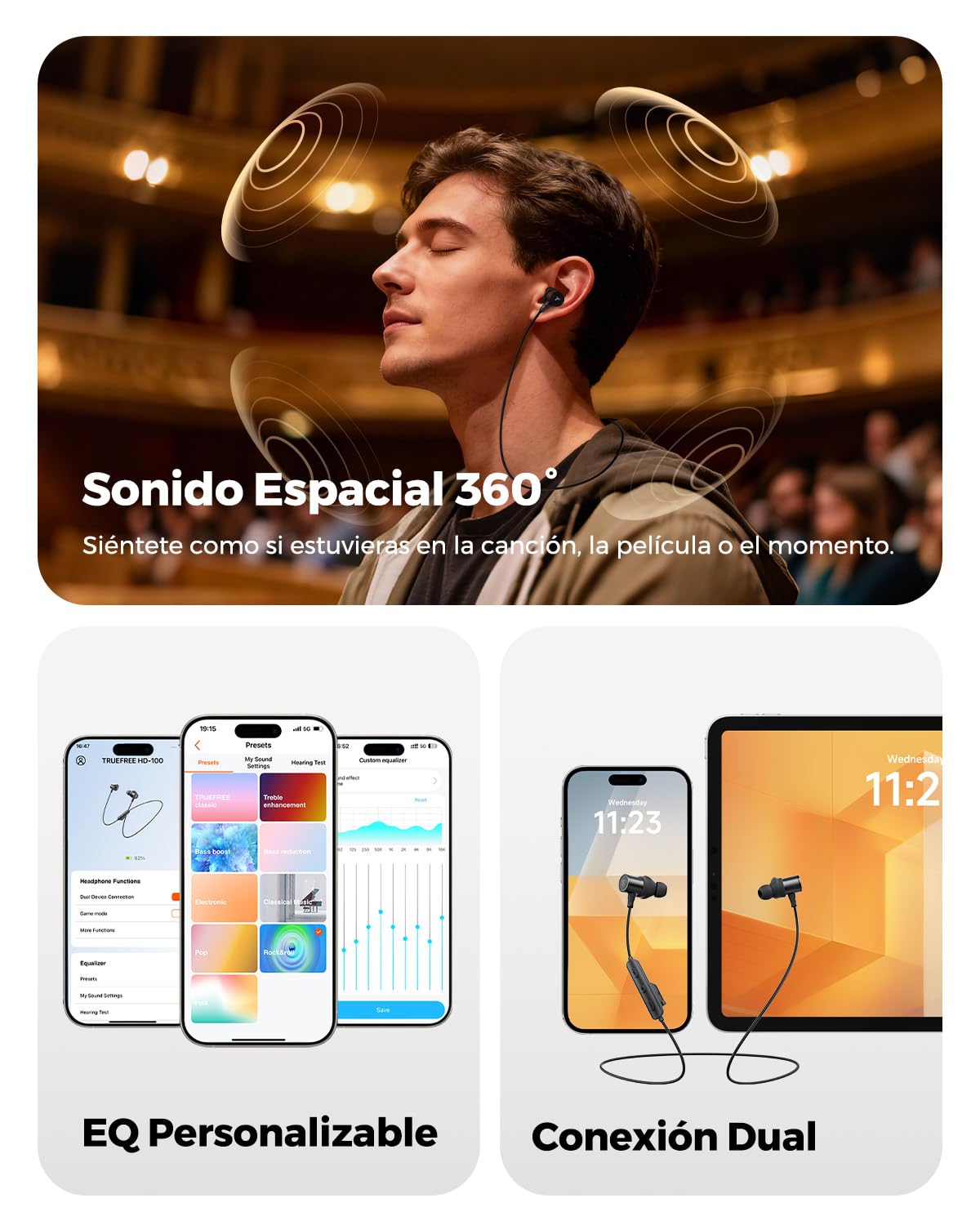 truefree HD-100 Auriculares Inalámbricos Bluetooth 6.0, Cascos inalambricos Deportivos de Cuello, Sonido Espacial 360, Audio LDAC Hi-Res, Cancelación de Ruido AI, IP67 Impermeable, 20H de batería
