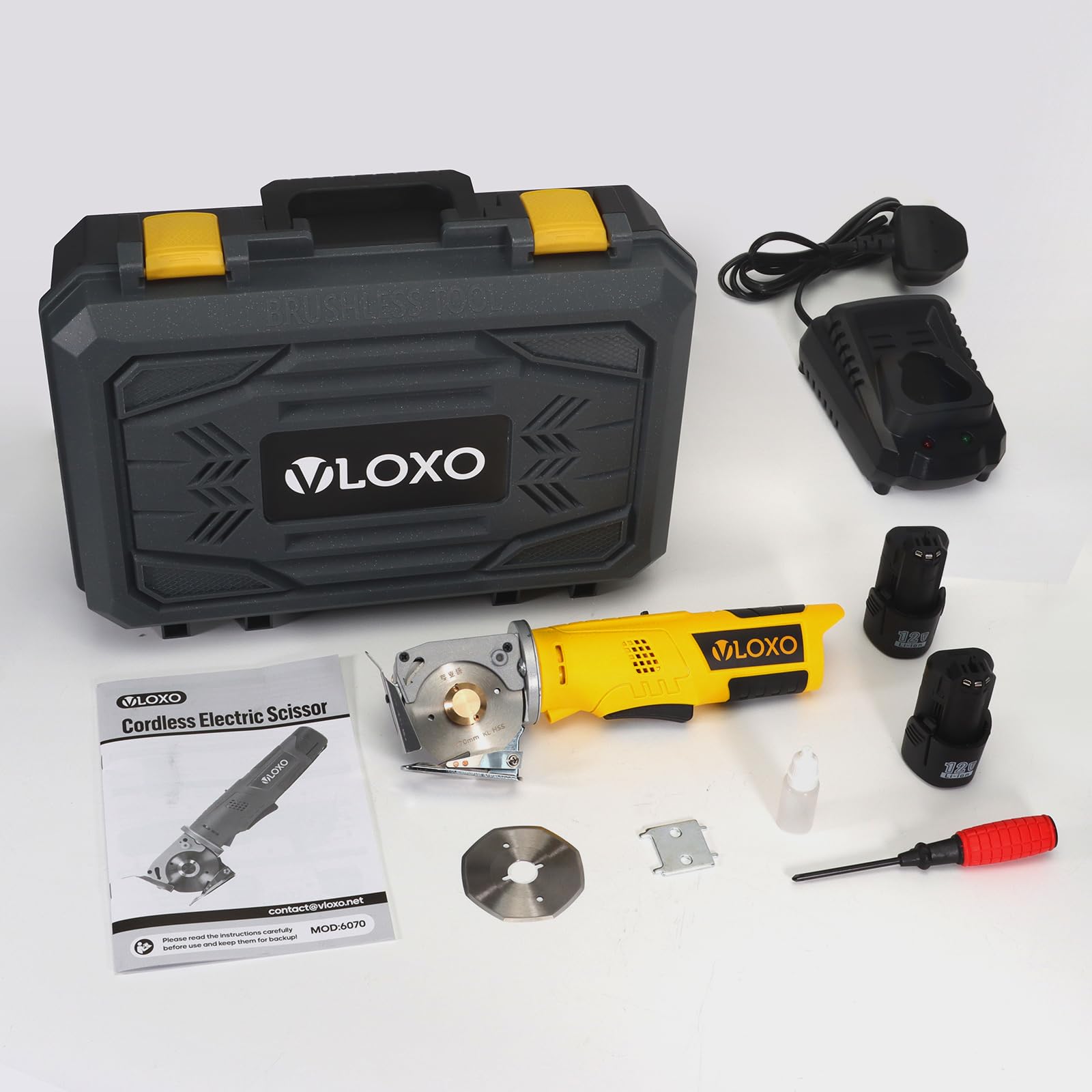 VLOXO Taglierina elettrica rotante per tessuti senza fili Forbici Elettriche per Tessuti Spessore massimo di taglio 25 mm per il taglio di tessuto moquette pelle gomma cartone stoffa