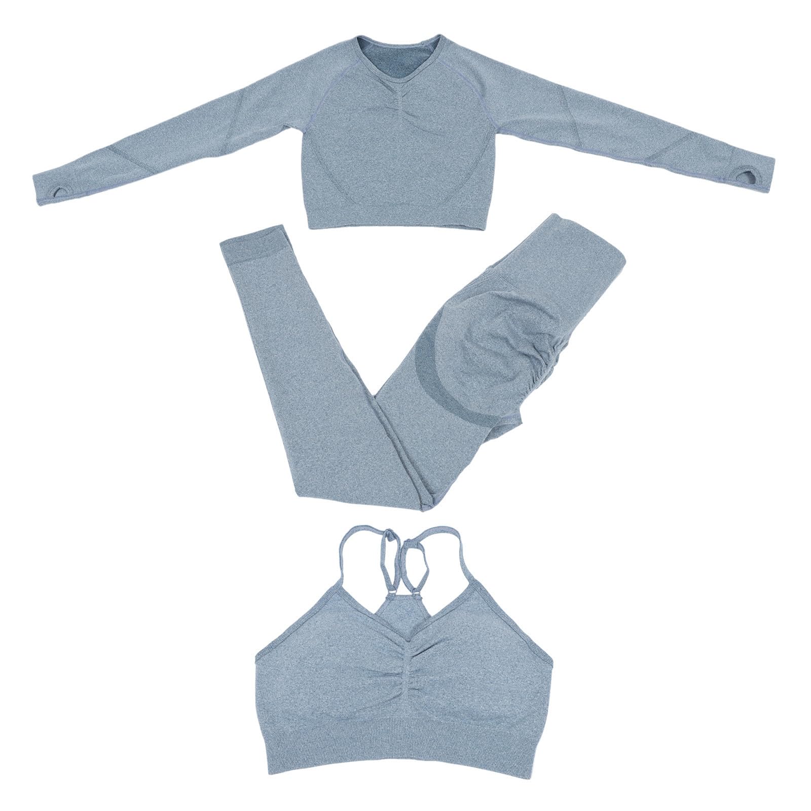 jojofuny Completo Yoga Donna Senza Cuciture, Top Maniche Lunghe e Leggings Vita Alta, Chinlon e Fibra Elastica, Blu, per Fitness e Corsa, Taglia