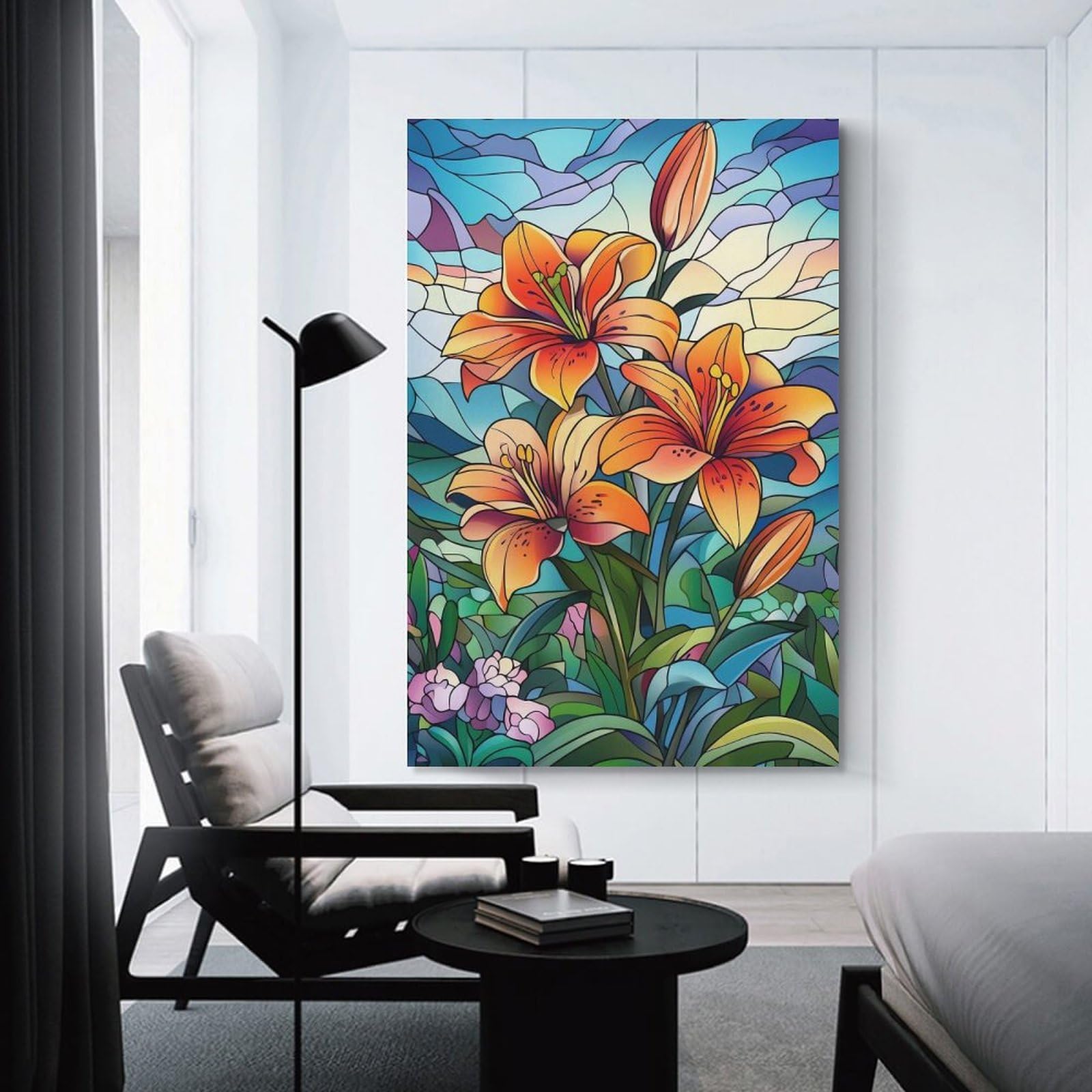 Junmoney Stained Glass Lilies Wall Picture Print, 24x36inch(60x90cm), for Feature Walls in Flats Or Modern Rooms, Decorative Artwork with Flexible Styling