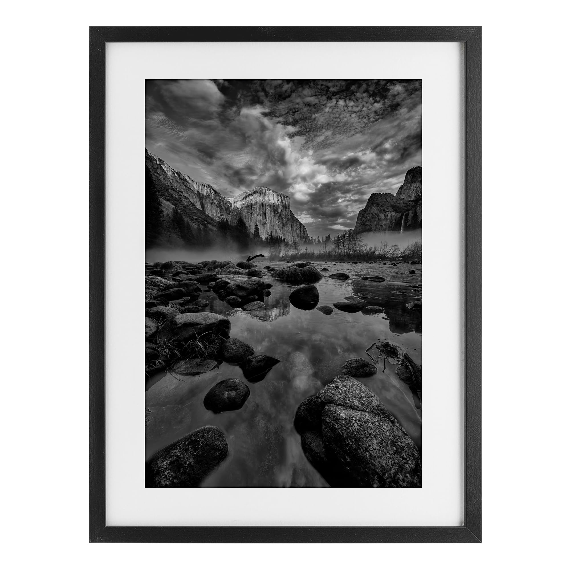Stupell Industries Midnight Black (Textured) Yosemite Valley Morning Landscape, 14 X 20 Inch Framed Print Under Glass