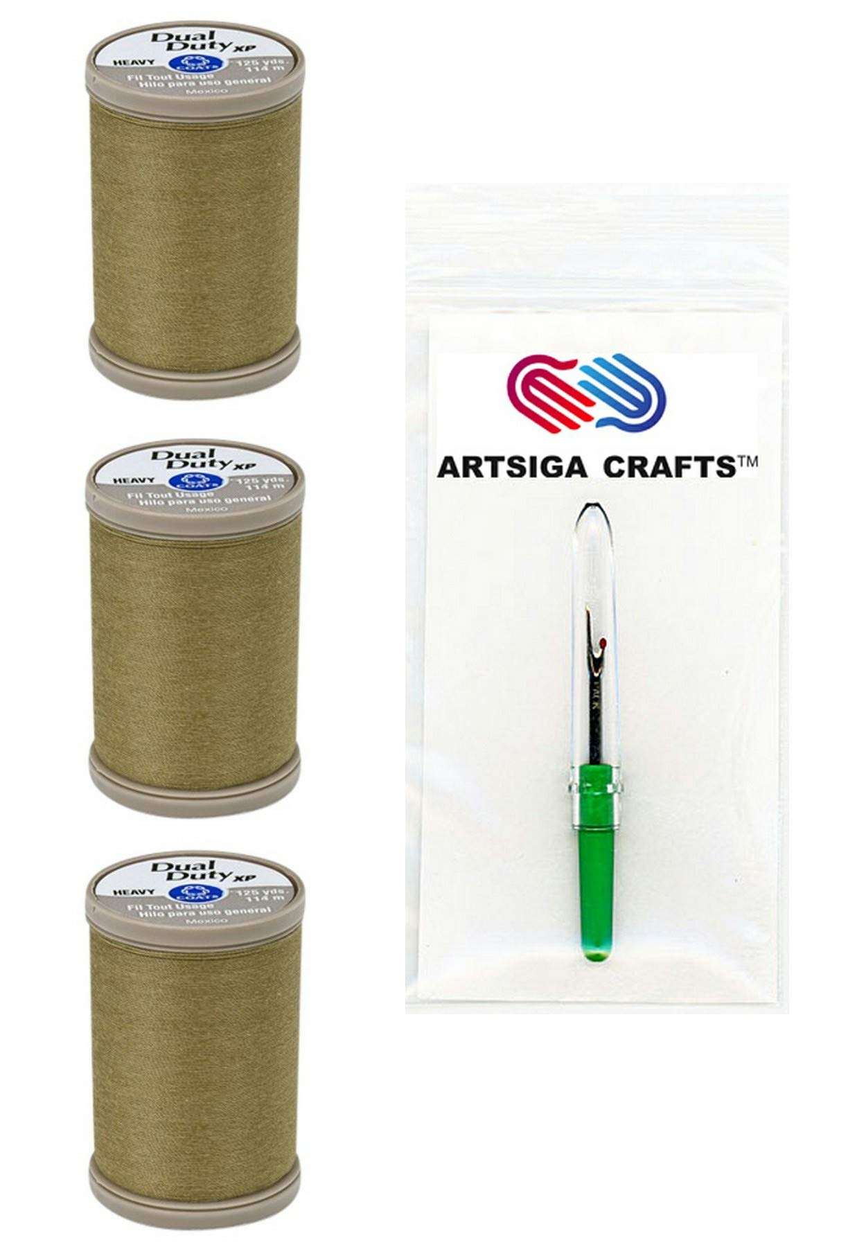 Coats & Clark Sewing Thread Dual Duty XP Heavy Polyester Thread 125 Yards (3-Pack) Dark Khaki Bundle with 1 Artsiga Crafts Seam Ripper S950-8450-3P