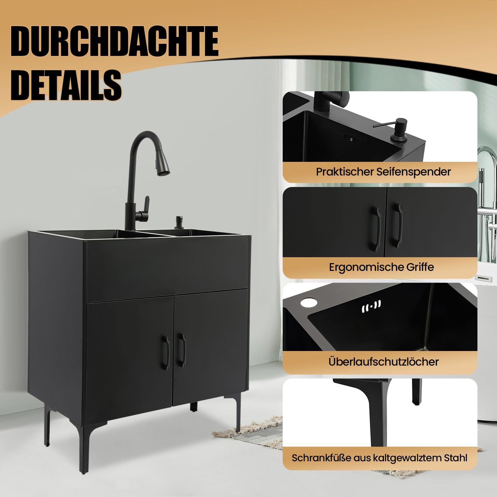 Freistehende Küchenspüle mit Schrank und ausziehbarem Wasserhahn, Edelstahl Gewerbliche Spültisch Doppelbecken Küchenspüle mit Entwässerungskorb und Abflusseinheit für Küche Wäsche/Schwarz 75x41x78cm