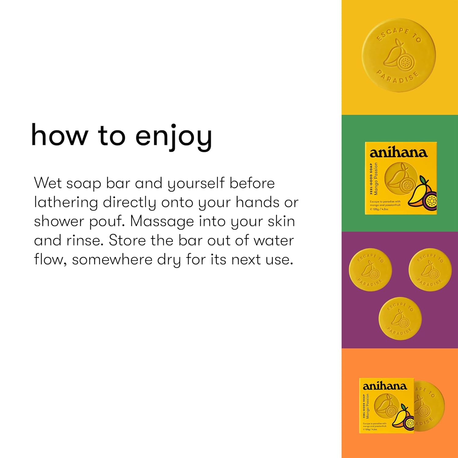 ANIHANA Feel-Good Soap 3 Pack with Coconut Oil and Shea Butter, Gentle Cleansing, Paraben Free, Cruelty Free, Refreshing Mango Passion Scent, 4.2 oz each - Image 3